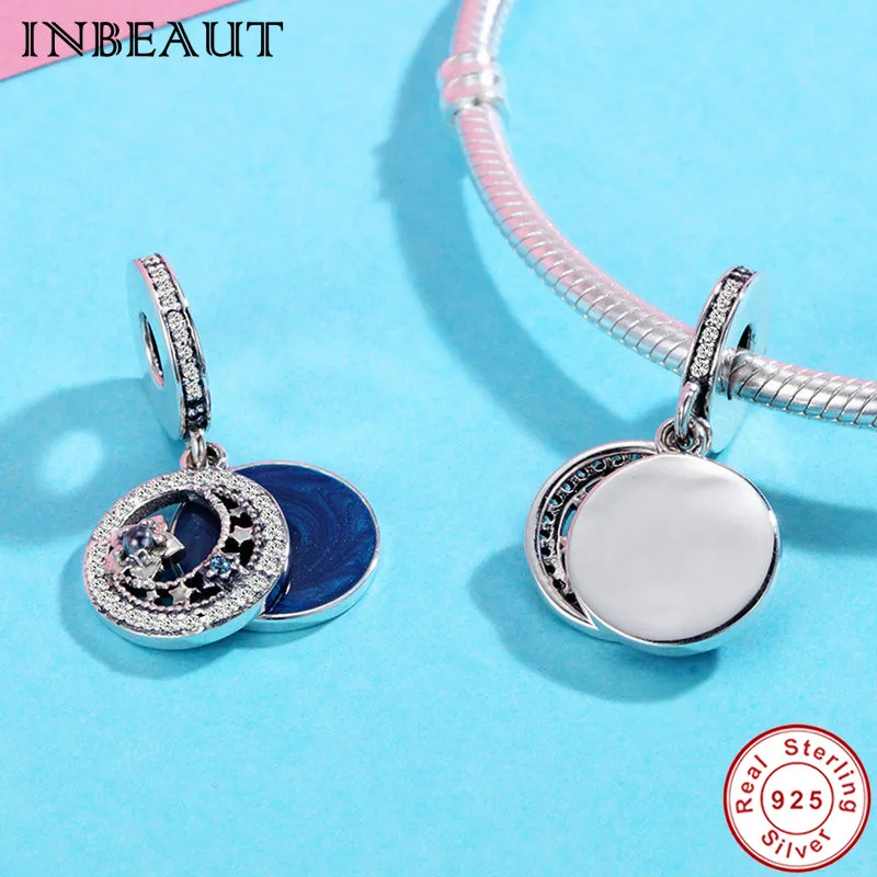 

INBEAUT Hot Sale 100% 925 Sterling Silver Clear CZ Star Flower Carved Dark Blue Enamel Pendant Charm fit Trendy Bracelet