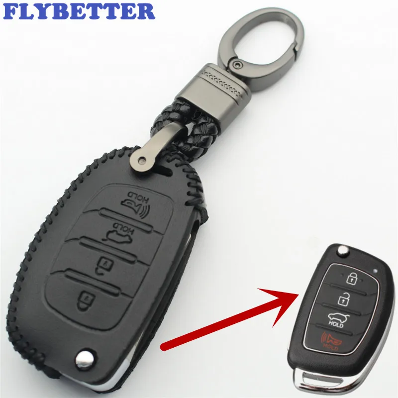 

FLYBETTER Genuine Leather KeyChain 4Button Flip Key Case Cover For Hyundai I40/Azera/Tucson/Elantra/Accent Car Styling (B) L282