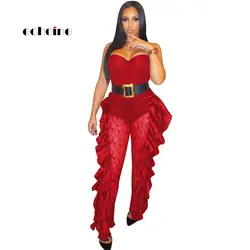 Echoine для женщин Комбинезоны для 2018 кружево оборками без бретелек красные, черные синий сексуальный тонкий Bodycon длинные брюки
