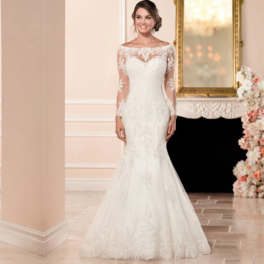

2019 Long Sleeve Wedding Gown Illusion Back Boat Neck Court Train Lace Applique vestido de casamento vestido de noiva sereia