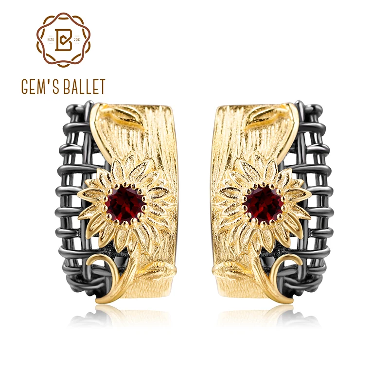 

GEM'S BALLET 0.33Ct Natural Garnet Gemstones Earrings 925 Sterling Silver Handmade Yellow Flower Clip Earrings For Women