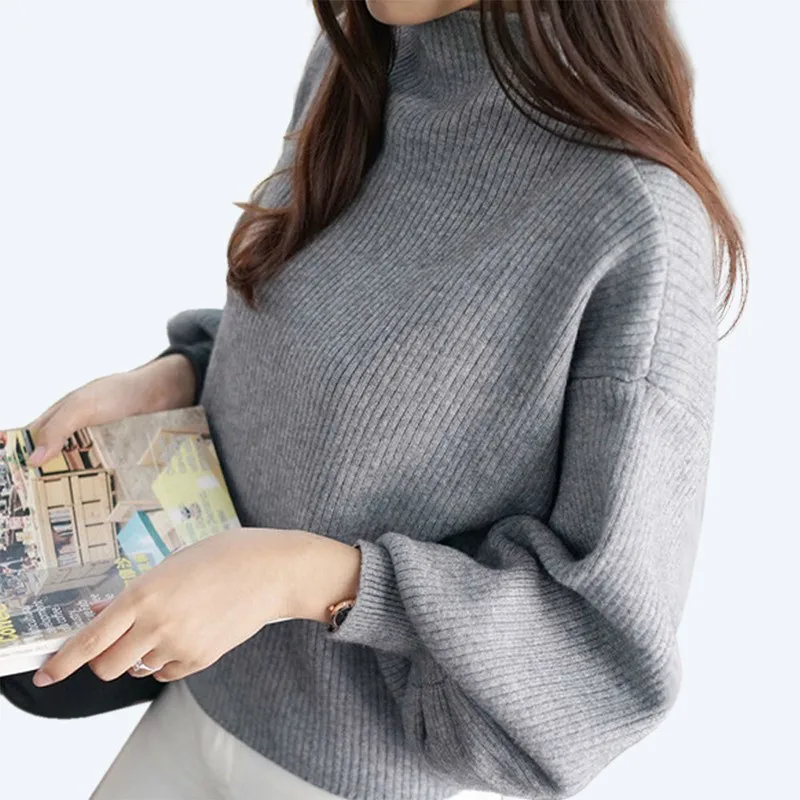

PEONFLY Half Women Turtleneck Sweater Female Lantern Sleeve Korean Knitted Jumper Lady Pullover Pull Femme Autumn Winter