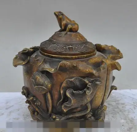 

S02439 8"marked chinese bronze Lotus root leaf frog statue incense burner Censer Crock