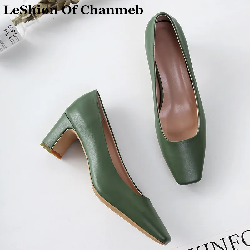

Women's 2019 Elegant Real Cow Leather Pumps ladies Block Square High Heels Office Work Career Shoes Black Pumps Female Footwear