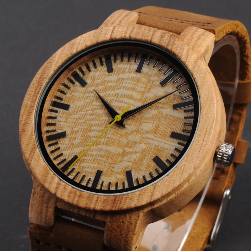 BOBO BIRD WbC20 Male Zebra Wooden Watches with Yellow Second Pointer and Soft Brown Leather Band for Men
