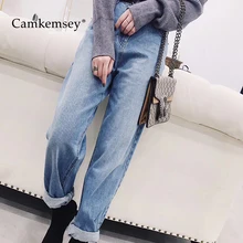 Camkemsey/осень-зима, свободные джинсы BF для женщин,, модные, с высокой талией, с манжетами, по щиколотку, винтажные джинсы для мам, джинсовые брюки