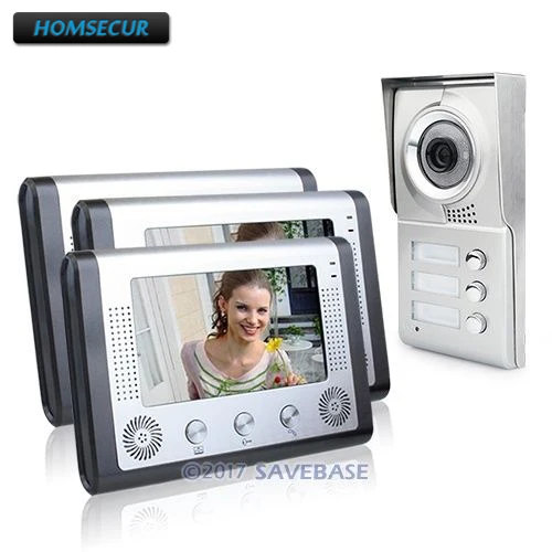 

HOMSECUR Apartment Video Intercom For 3 Rooms 4-Wire Connection Metal Casing 7" Monitors