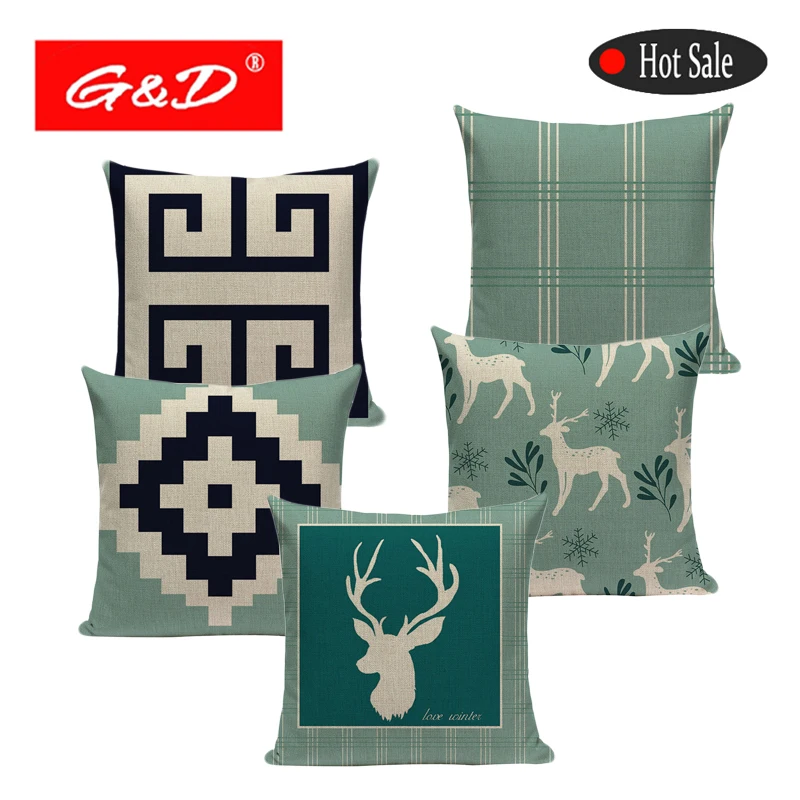 

Deer Elk Bear Elephant Cushion Covers Nordic Geometric Arrows Rhombus Triangles Mountain Pillow Cover Linen Beige Pillow Case