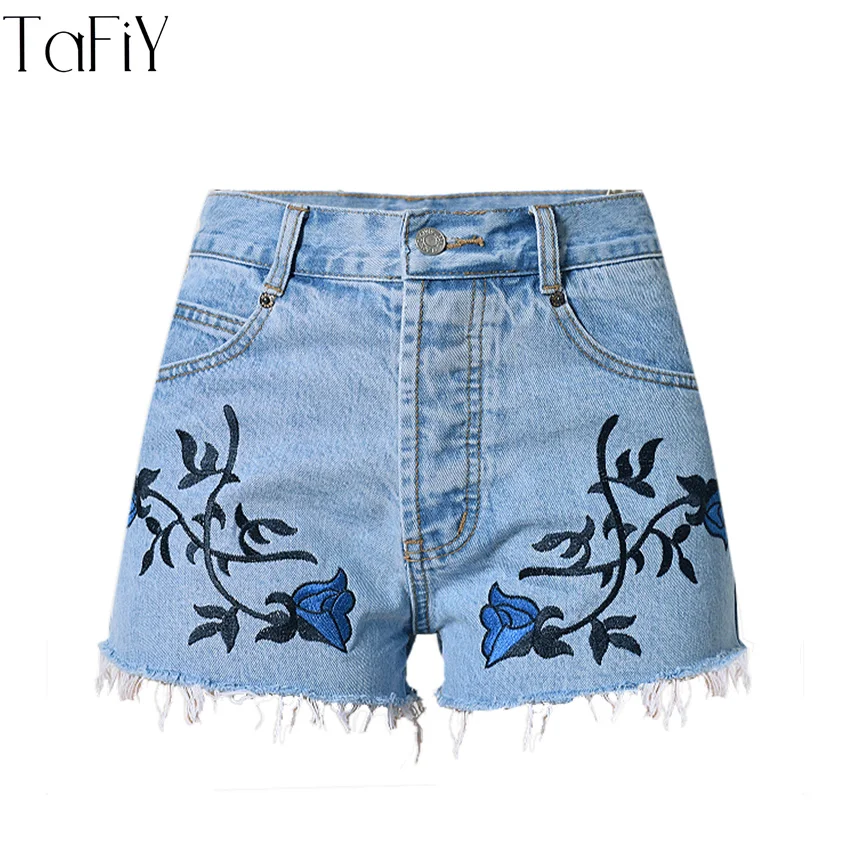 

TaFiY 2017 Women Fashion Blue Rose Embroidery Denim Shorts Washed 3D Flower High Waist Jeans Short Summer Casual Female Shorts