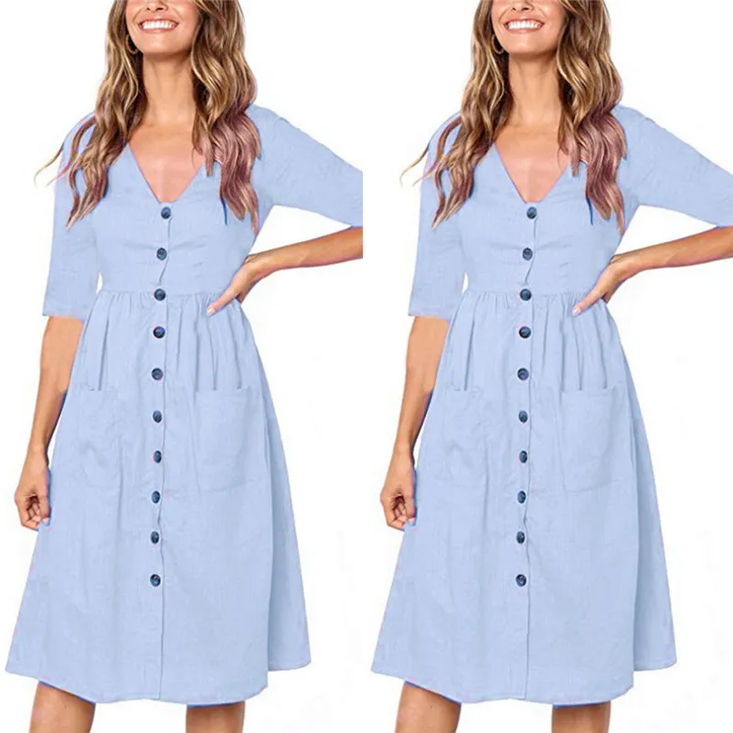 Fashion Autumn summer dress 2018 casual dress Women Holiday V Neck Solid Half Sleeve Buttons Club Party Dress vestido Y26#N (2)