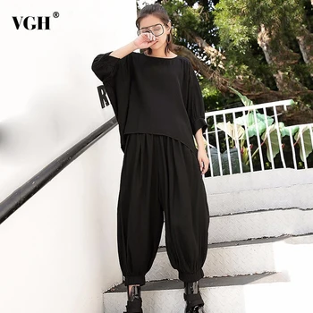 

VGH Two Pieces Set Women Suit Batwing Sleeve Short Female Irregular T Shirts Top With Elastic High Waist Pants Clothes Summer
