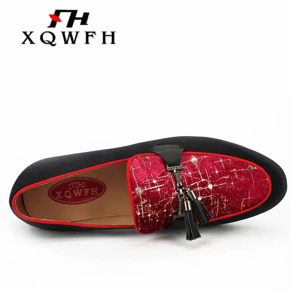 Мужские бархатные туфли XQWFH черные и красные с кисточками для свадебных торжеств