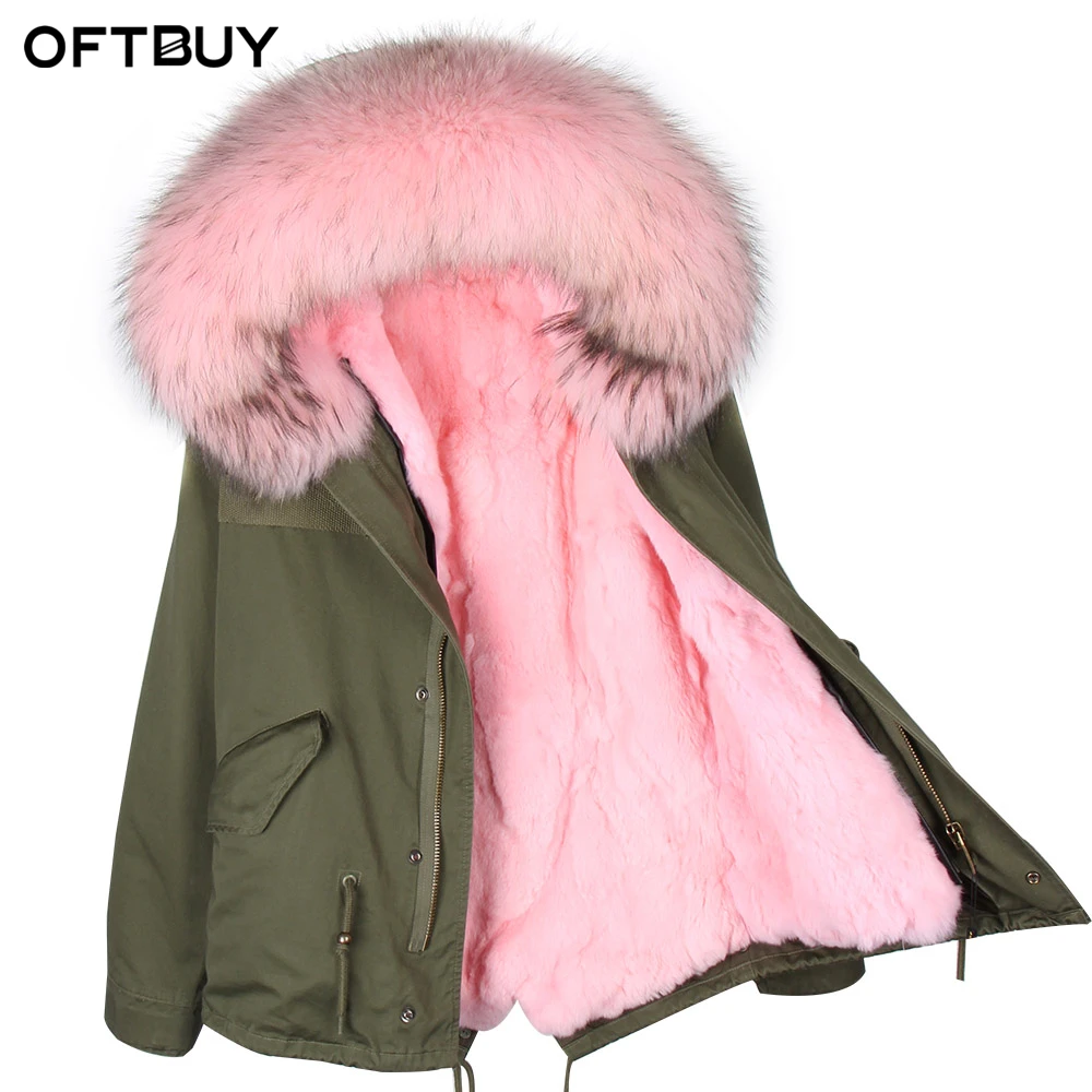 Женская куртка с большим капюшоном OFTBUY зеленая или цвета хаки из кроличьего меха