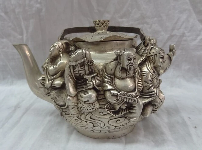 

JP S0608 9" Chinese Silver Buddhism 8 God Immortals Fairy Statue Brass Wine Pot Teapot