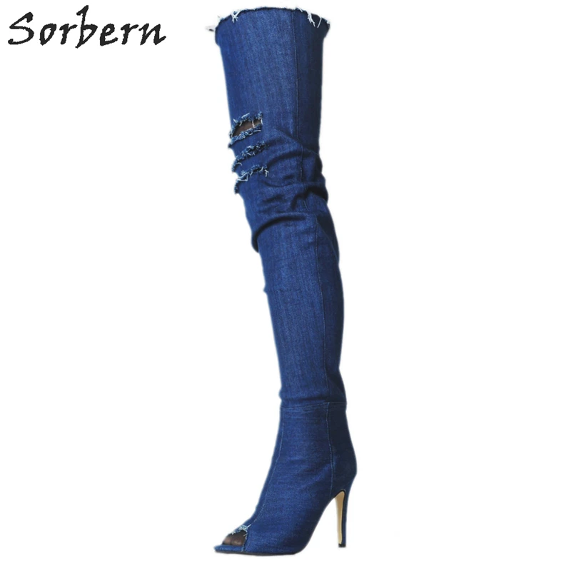 Женские джинсовые сапоги выше колена с открытым носком на платформе|knee boots|over knee