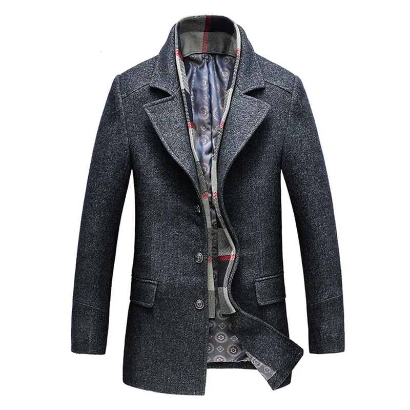 Winter Fashion Business Men's Casual Wool Trench Long Thicken Slim Overcoat Jacket Male woolen tweed windbreake Coat