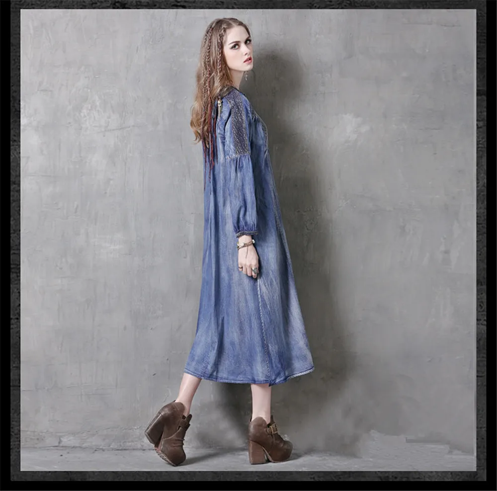Vintage Spring Dress 2018 New Long Sleeve Denim Dresses V-Neck Patchwork Single Breasted Dress Women Vestidos Autumn Vestido (8)