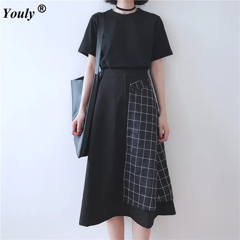 Spring Summer Women Removable Long Skirt Casual Asymmetry High waist zipper Plaid Mid Skirt Fashion Streetwear Long Skirts