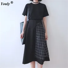 

Spring Summer Women Removable Long Skirt Casual Asymmetry High waist zipper Plaid Mid Skirt Fashion Streetwear Long Skirts