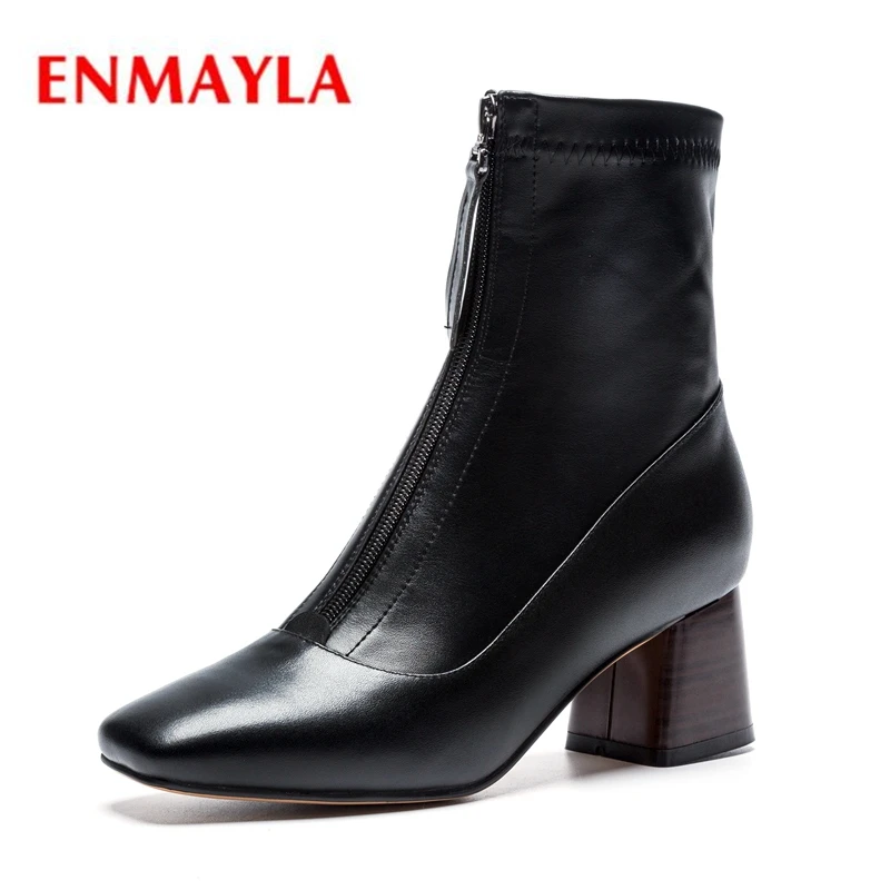 

ENMAYLA Women shoes lady solid front zipper ankle boots square toe high heel botas mujer Big size 34-40 ZYL1303