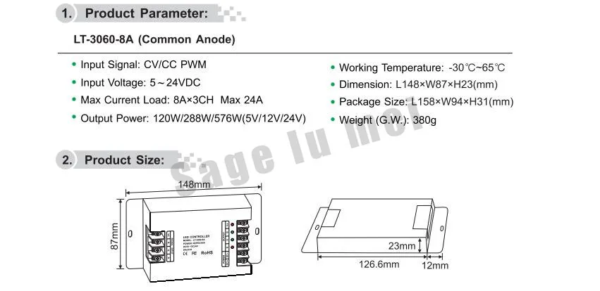 Светодиодный контроллер DC5V-24Vinput 8AX3CH выходной LT-3060-8A led CV усилитель мощности(усилитель) для RGB одноцветные полосы света