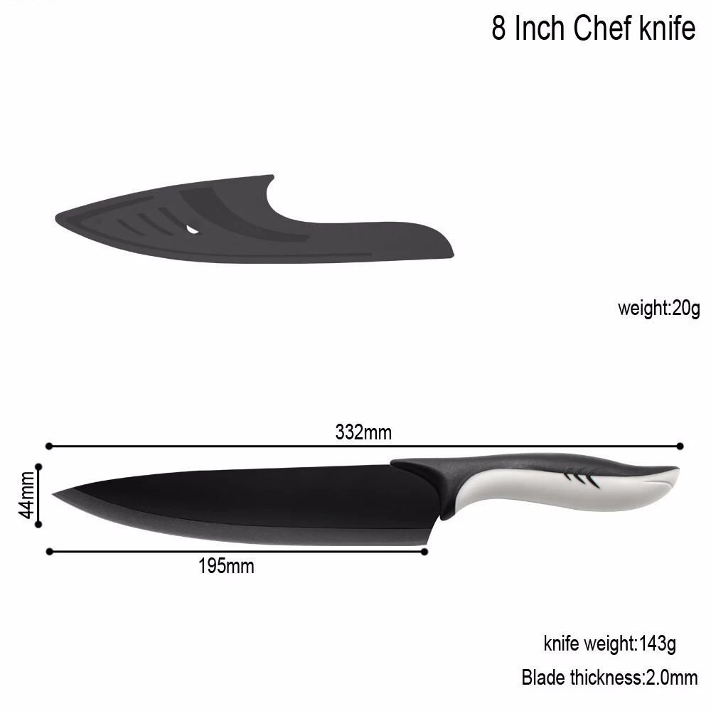 COOBNESS кухонные ножи, инструмент Santoku, нож шеф-повара, нож для очистки овощей, нож для нарезки хлеба, черное лезвие, нож из нержавеющей стали, для дома - Цвет: 8 Inch Chef