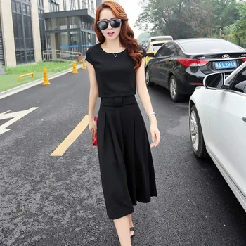 

Casual O-neck Short Sleeve Top With Wide Leg Pants Korean Style Set Female 2019 Summer Solid Women Casual Female Two Piece Set