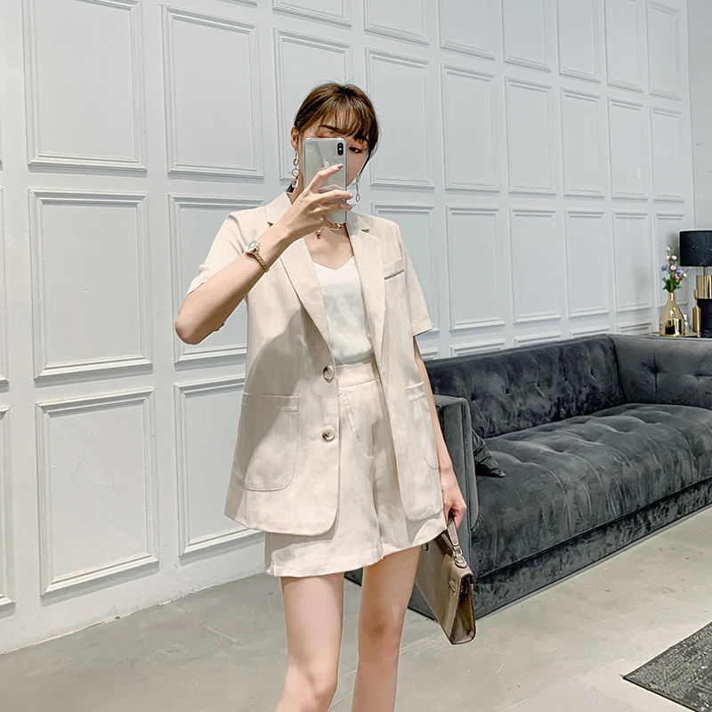 Summer 2 pieces set short blazer women Thin Cotton Linen Casual Single Breasted female Blazer Jacket and High Waist Shorts Suits