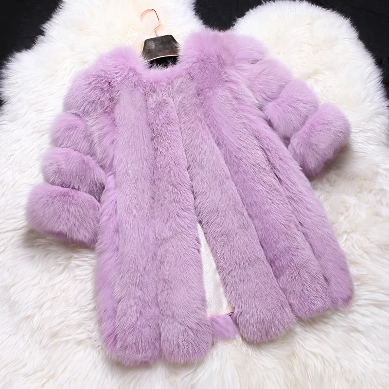 Натуральный Лисий Мех длинное пальто Новое поступление Женская зимняя Толстая теплая куртка из натурального меха полосатая дизайнерская шуба из натурального меха - Цвет: purple