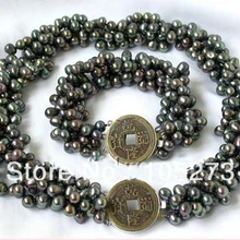 Элегантный ювелирный набор из натурального жемчуга 1" 4 нити 7-8 мм черный пресноводный жемчуг ожерелье браслет старая монета застежка Новинка