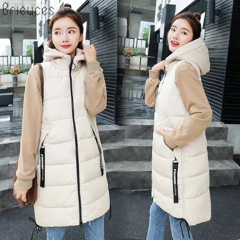 Brieuces Autumn Winter Vest Women Waistcoat 2018 Female Sleeveless Jacket Hooded Warm Cotton Long Vest Jacket Colete Feminino