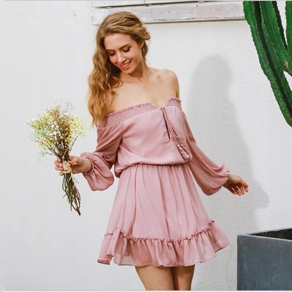 

2018 Summer Short chiffon vintage dress women Off shoulder long sleeve beach summer dress Ruffle sexy dress new year vestido