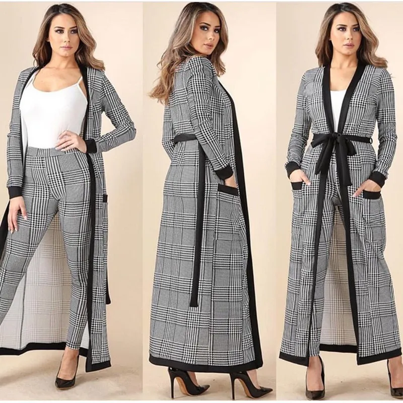 

2 Piece Set 2019 Bodycon Tracksuit Women Plaid Long Trench Cardigan And Bodycon Pants Tracksuit Striped Sexy Summer Outfits