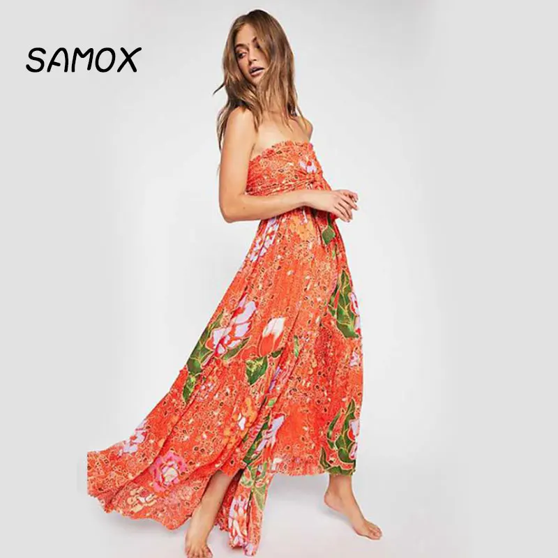 JSMY 2019 New Summer Beach Dress Fashion Women Bohemian Style Sexy V-neck Printing Chiffon Split