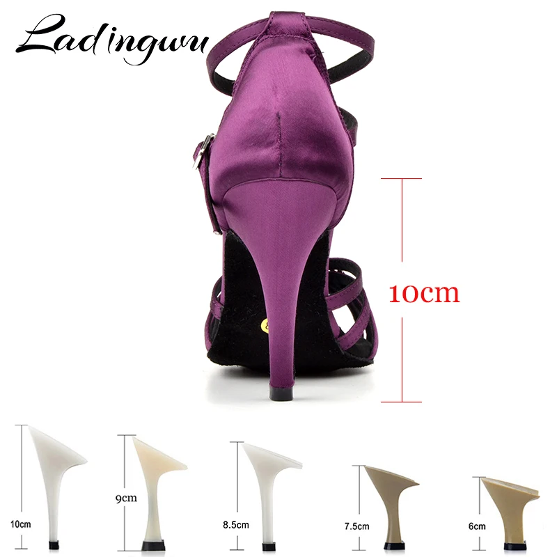 Ladingwu Women's Latin Ballroom Dance Shoes For Girls Purple  Satin and Metal Button Dance Sandals For Dance Shoes Heel 6-10cm