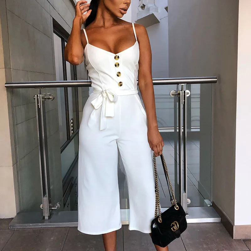 DORVIVON 2019 Summer Spaghetti Strap Sexy Women Jumpsuits Female Button Sash Bow Lace Up Bandage Rompers Womens Overalls