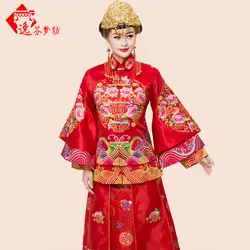 Новинка 2017 года cheongsam китайское свадебное платье красный Вышивка Дракон платье свадебное одежда Длинные cheongsam античное платье