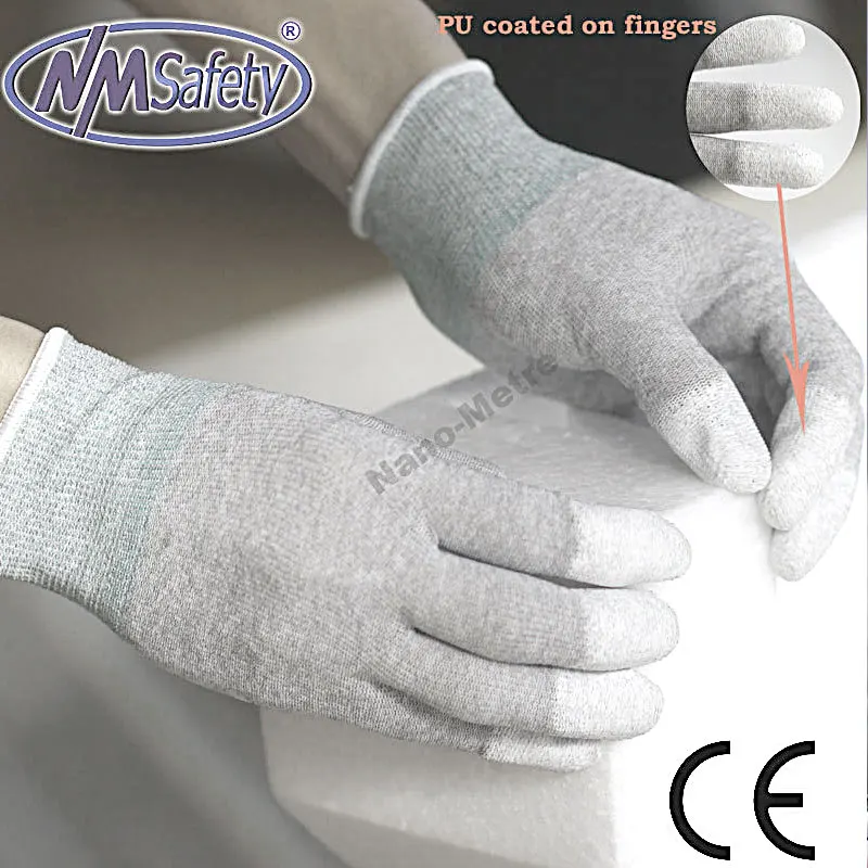 NMSAFETY углеродное проводящее волокно и ПУ палец электронные антистатические перчатки с ПУ Антистатические Рабочие Перчатки