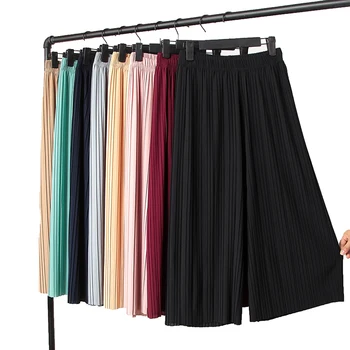 

2018 spring and summer women brief solid color pleated chiffon ankle length trousers loose wide leg pants female 165