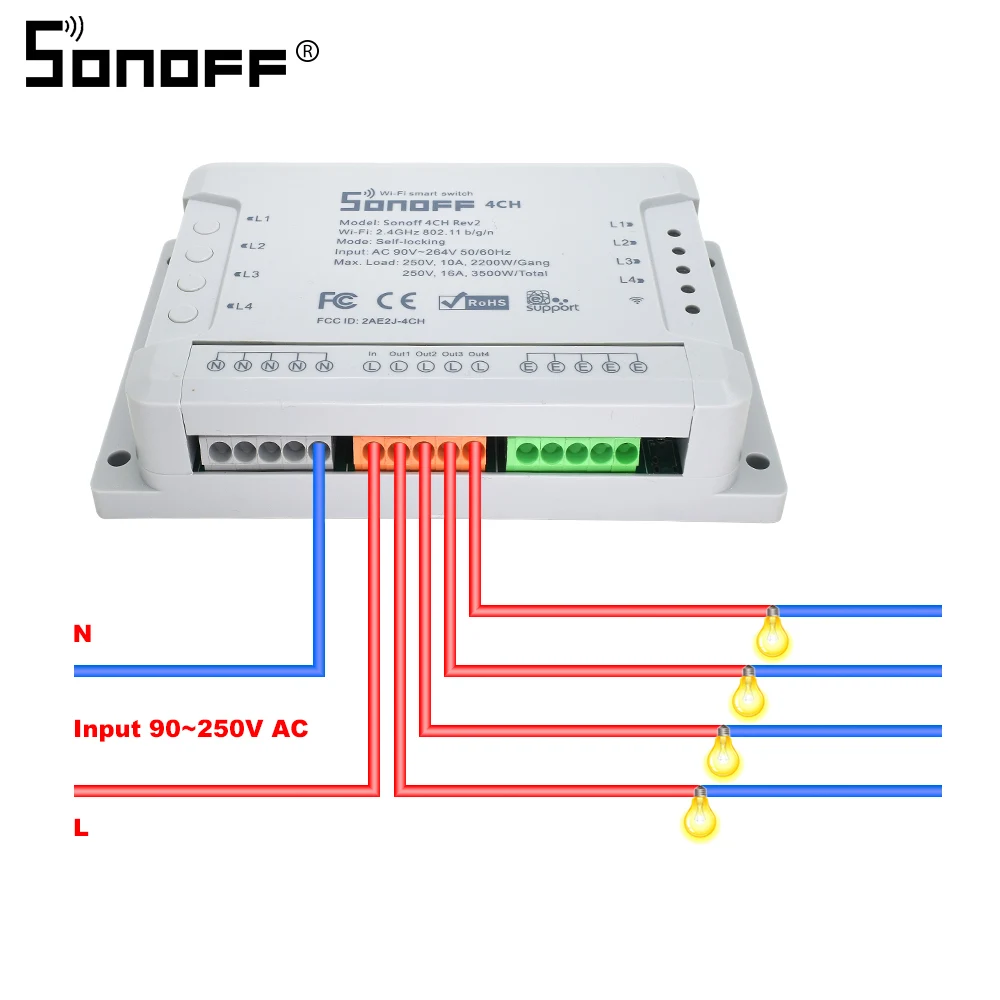 Itead Sonoff 4CH R2 4 канальный gang 10A дистанционный выключатель света Wifi беспроводное