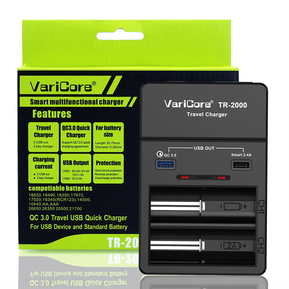 VariCore TR-2000 e-сигареты зарядное устройство Quick Charge 3,0 для 18650 26650 AA батарейки ААА и QC 3,0/ USB 5 В мобильных устройств