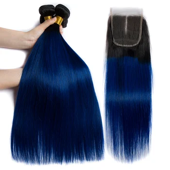 

ALIBELE Ombre Brazilian Hair Weave Bundles with Closure 1B Blue Straight Hair 3 4 Bundle With Lace Closure Remy Human Hair Weave