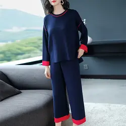 Европейский станция новые модные Для женщин Сплошной Цвет плиссированные пуловер рубашки повседневные штаны Двойка Костюмы комплекты