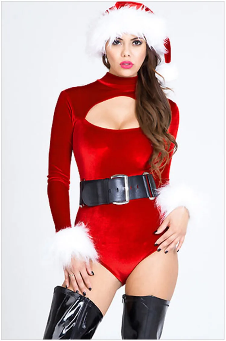 Красный Санта-Клаус комбинезоны с длинным рукавом сексуальные женские рождественские костюмы Санта-Клауса 3 шт./компл. шляпа+ пояс+ комбинезоны