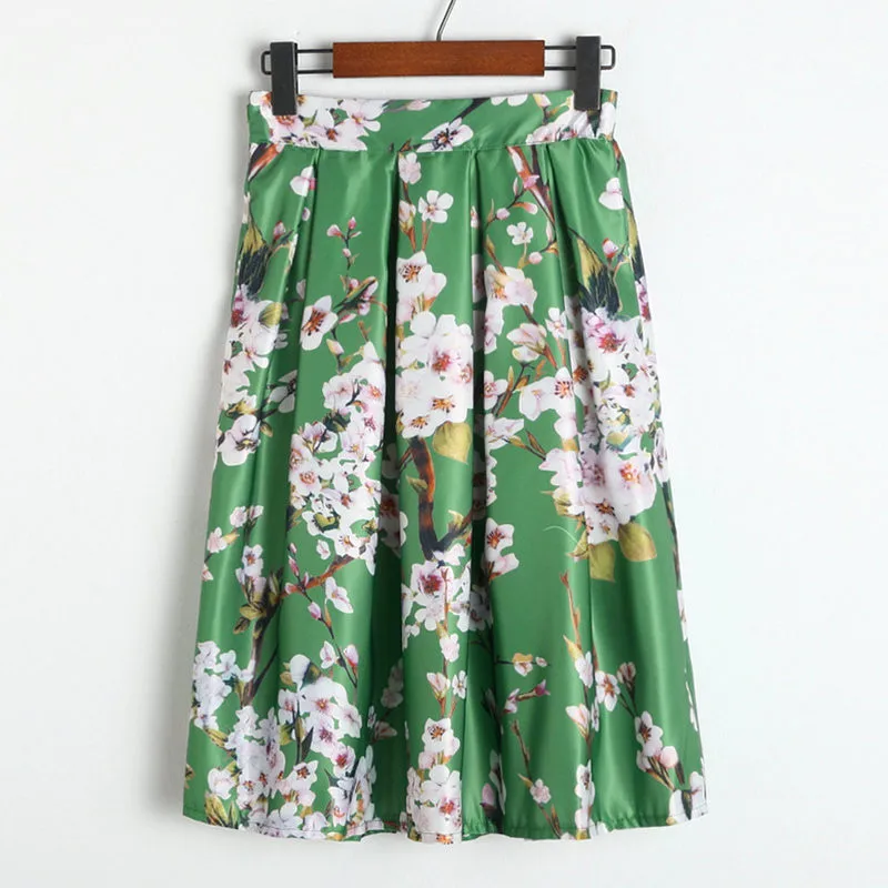 

Pleated Skirt Women Green High Waist Vintage Skirts 2019 New Spring Floral Print Elastic Soft Loose Slim Skirt Clothing LD778
