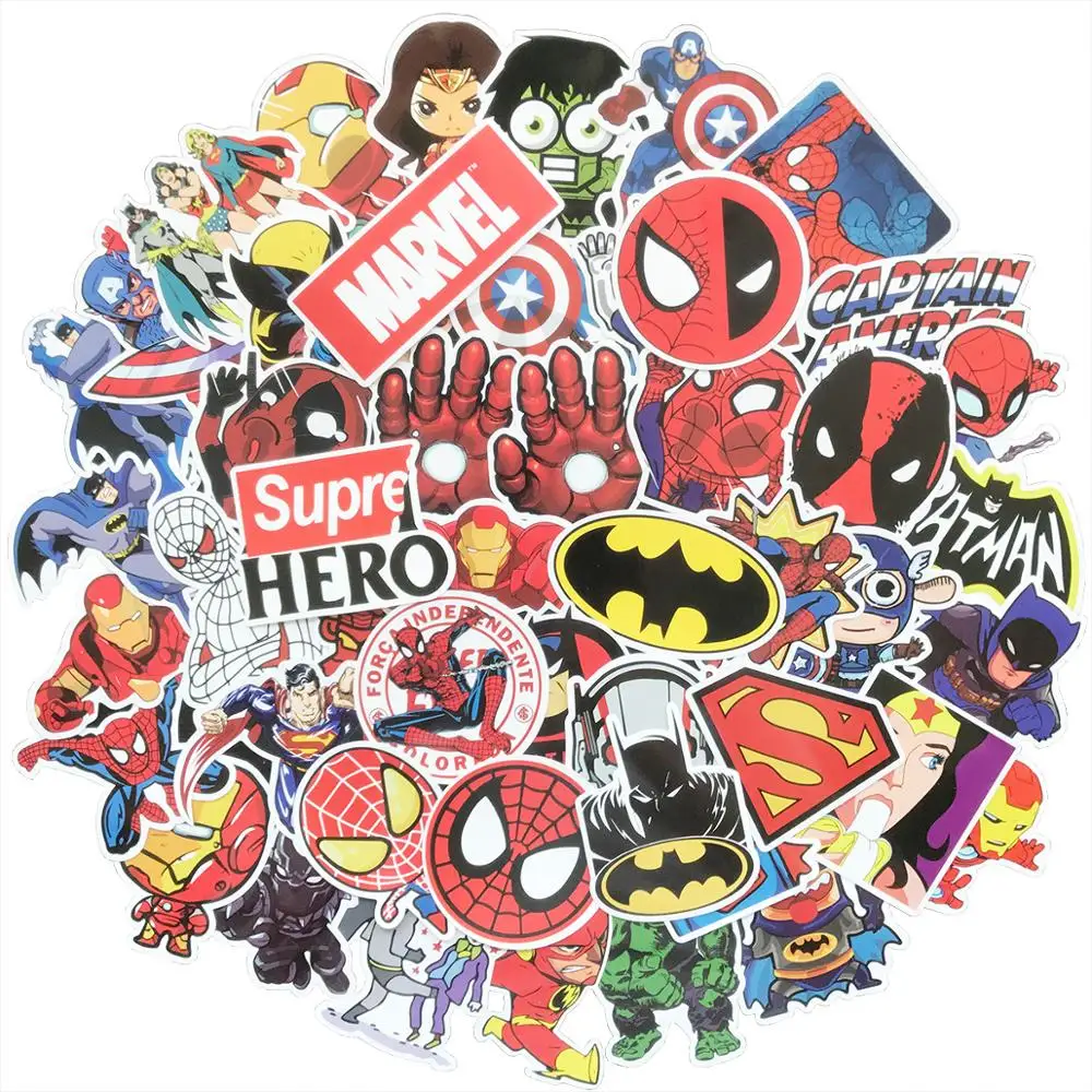 

AQK 50pcs Mixed Super Hero Cartoon Toy Stickers Graffiti Decals For Kids DIY Skateboard Luggage Laptop Guitar Fridge Car Sticker
