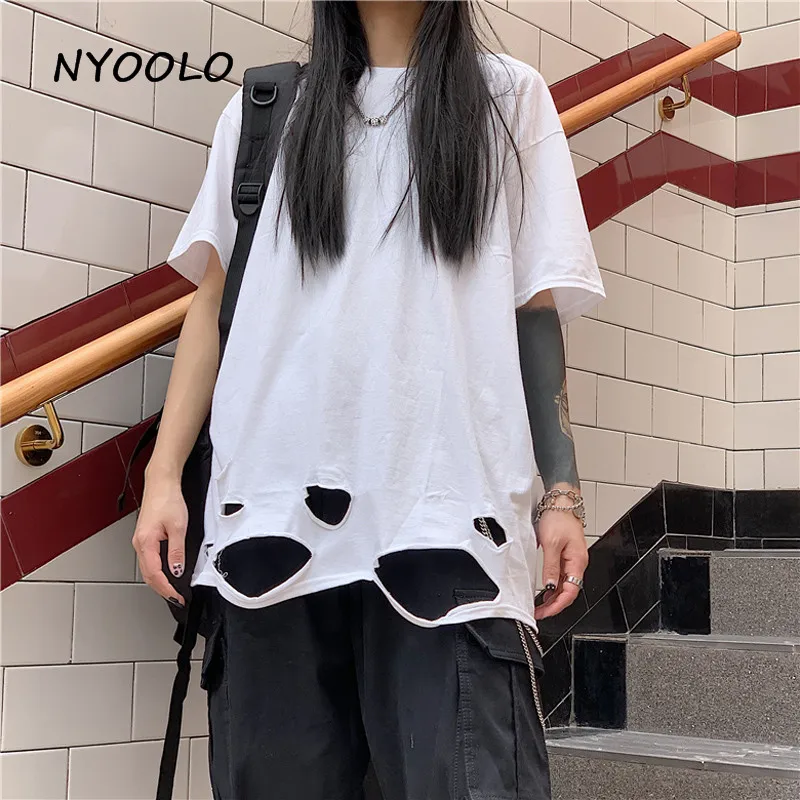 NYOOLO Harajuku Стильная однотонная футболка с дырками, летняя уличная свободная футболка в стиле хип-хоп с коротким рукавом, Женская/Мужская одежда, топы, футболки - Цвет: Белый