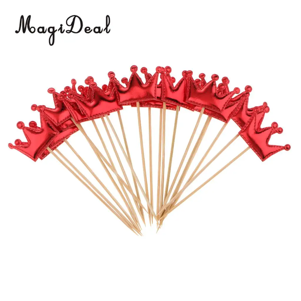 MagiDeal 20pcs PU Leather Crown Cake Topper Cupcake Toothpicks Wedding Birthday Party Baby Shower Party Fruit Food Sticks