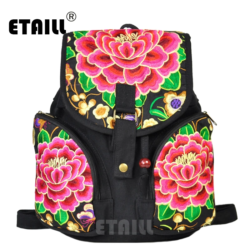 

ETAILL Large Trendy Flower Embroidered Backpacks Casual Drawstring Travel Rucksack Back Pack Women Canvas School Bag For Girls
