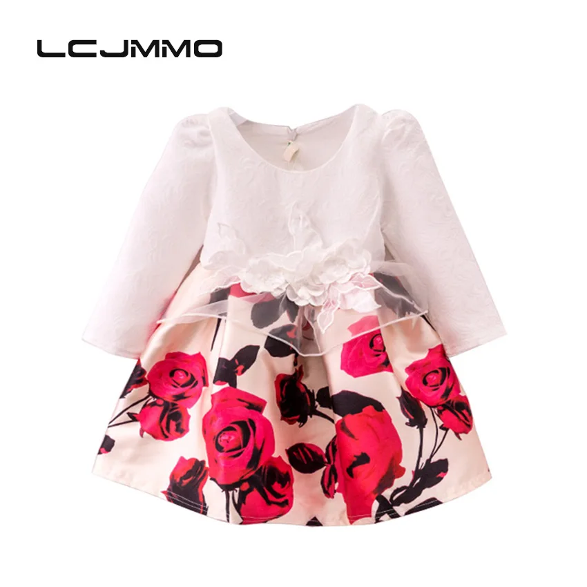 

LCJMMO New Princess Costume Lace Girls Roses Dress Autumn & Winter Long Sleeve 2017 Flower Print Dresses Children Clothes 2-6Y
